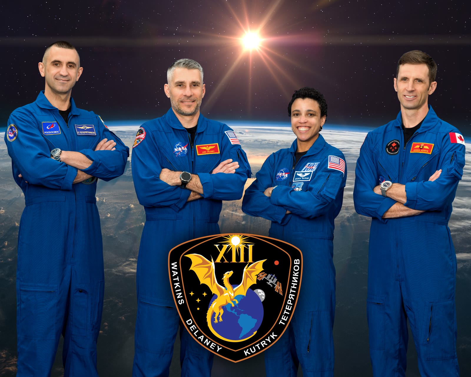 Crew-13 portrait: Roscosmos cosmonaut Sergey Teteryatnikov, NASA astronauts Luke Delaney and Jessica Watkins, and CSA astronaut Joshua Kutryk