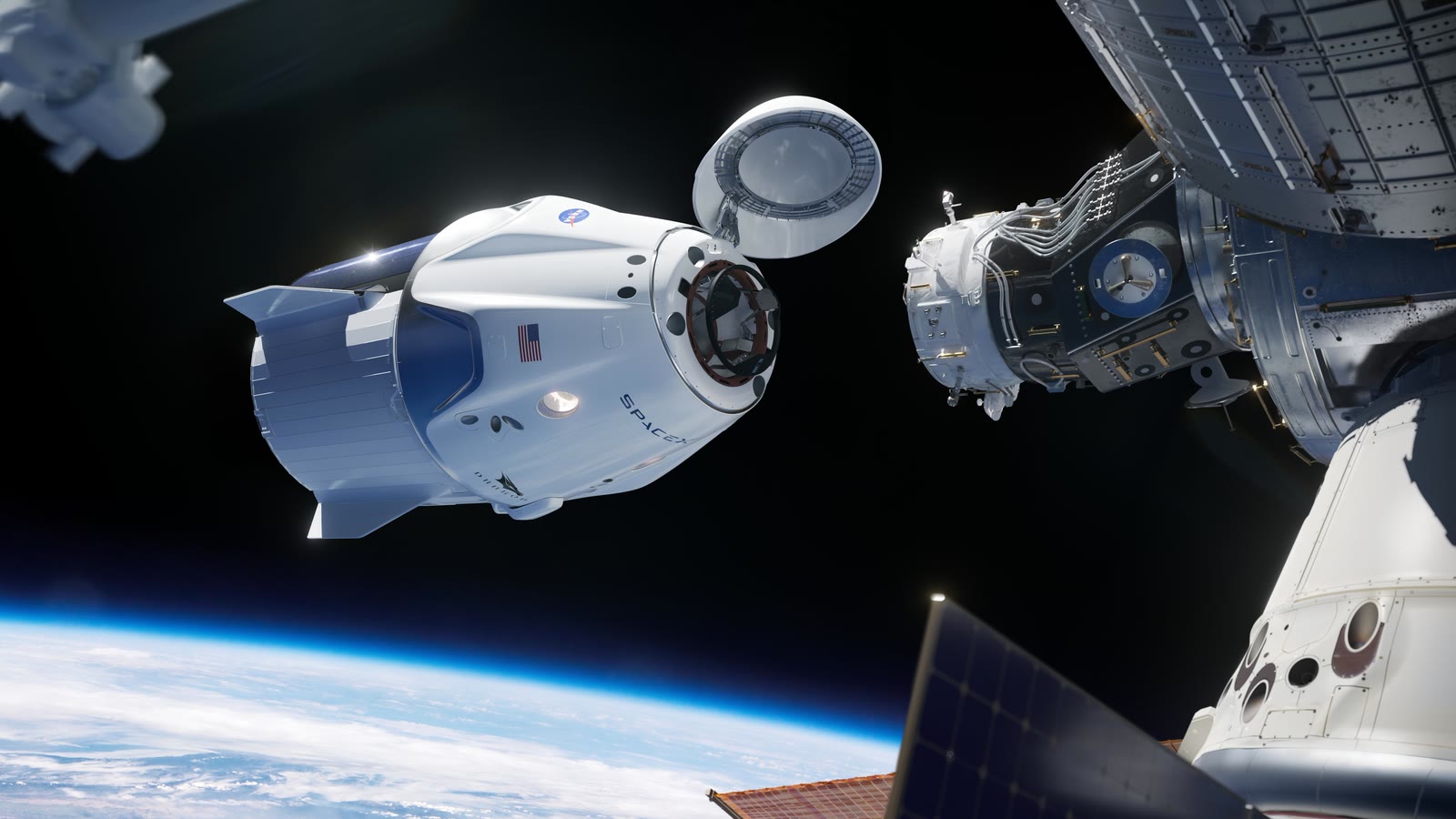 Crew Dragon spacecraft rendered in orbit above Earth