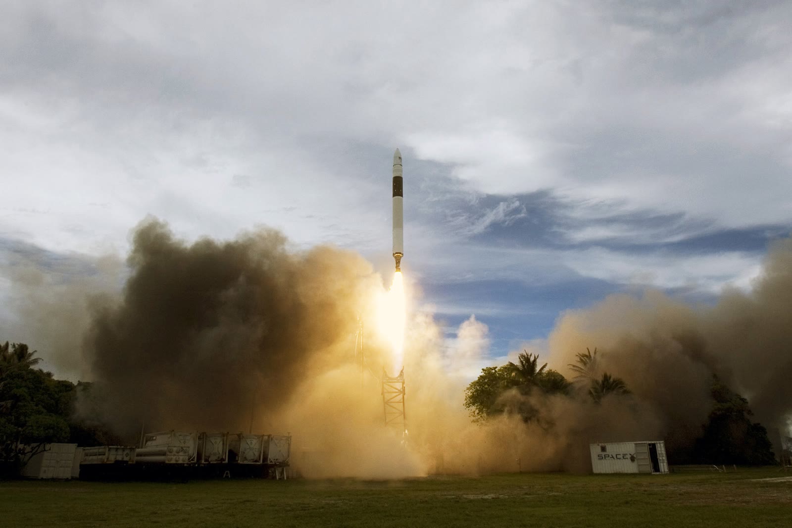 Falcon 1 climbing away from its island launch site at Kwajalein Atoll in 2009