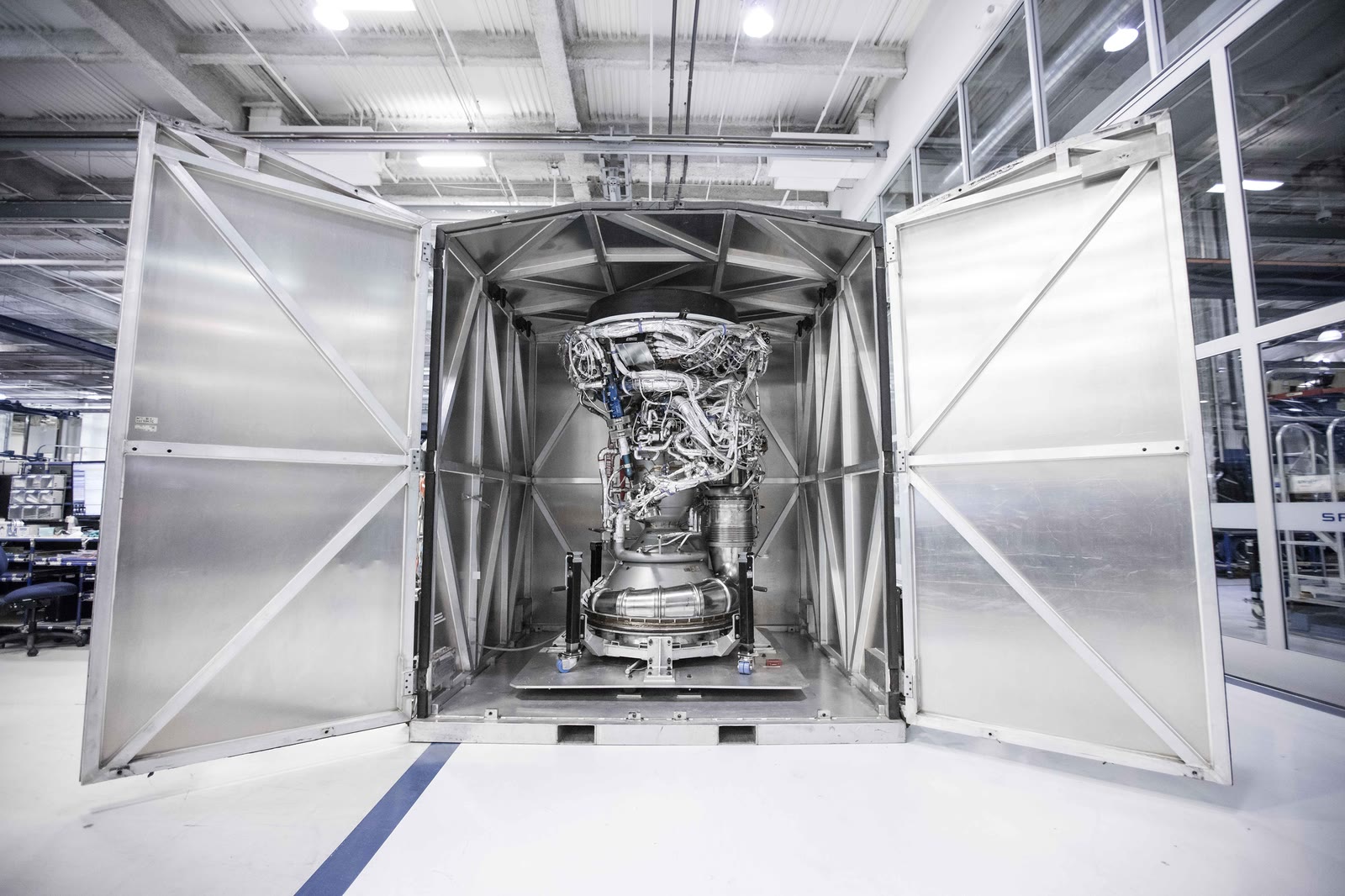 A Merlin vacuum engine being prepared for shipment to testing