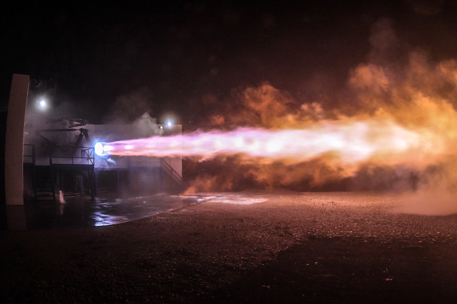 A Raptor engine firing on the test stand in McGregor, Texas