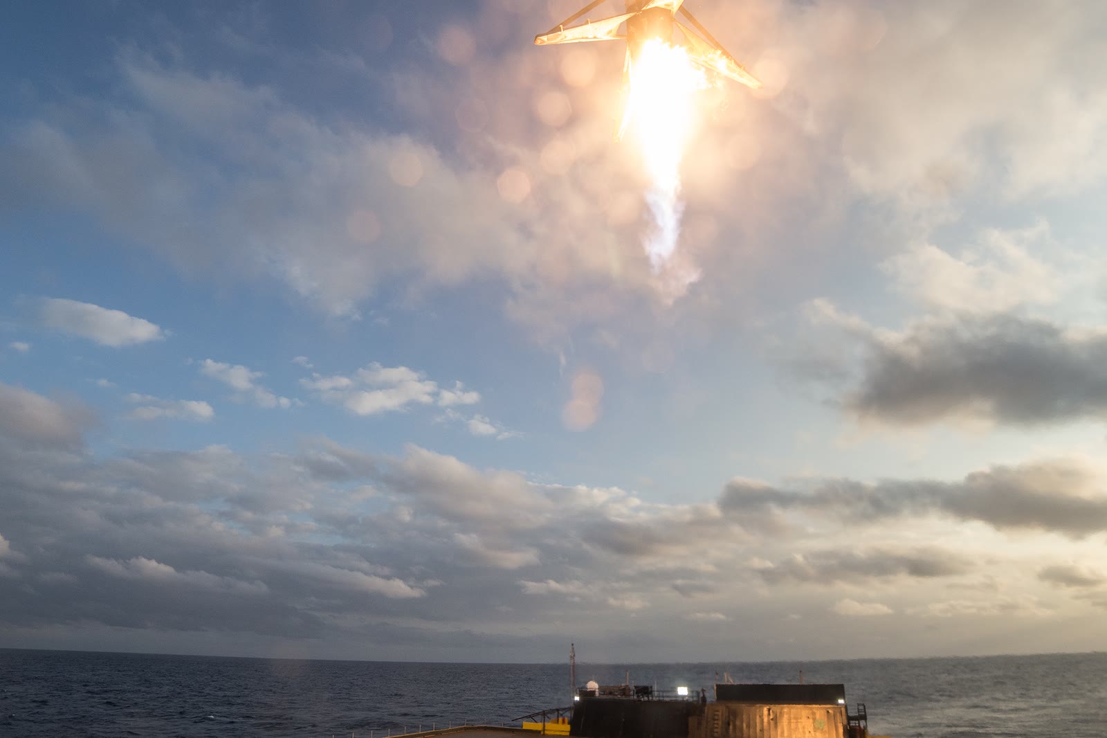 The flight-proven Falcon 9 first stage landing on the droneship after the SES-10 mission