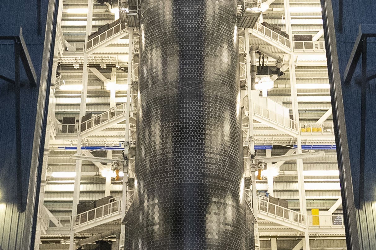 A Starship upper stage standing inside the Megabay at Starbase, Texas